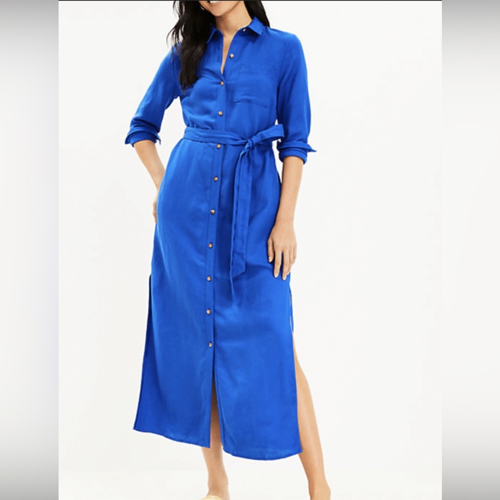 LOFT Cobalt Blue Long Sleeve Button-Front Shirt Dress